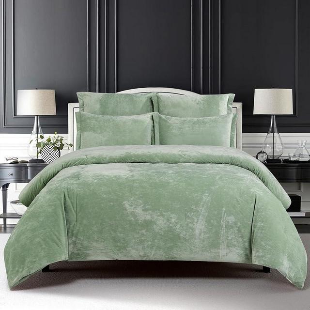 Sunshine Nicole Distressed Velvet Comforter Set, Distressed Velvet Face and Brushed Solid Microfiber Reverse, with Light Weight Soft Poly Fill, 5 Pieces Sage Green, Queen