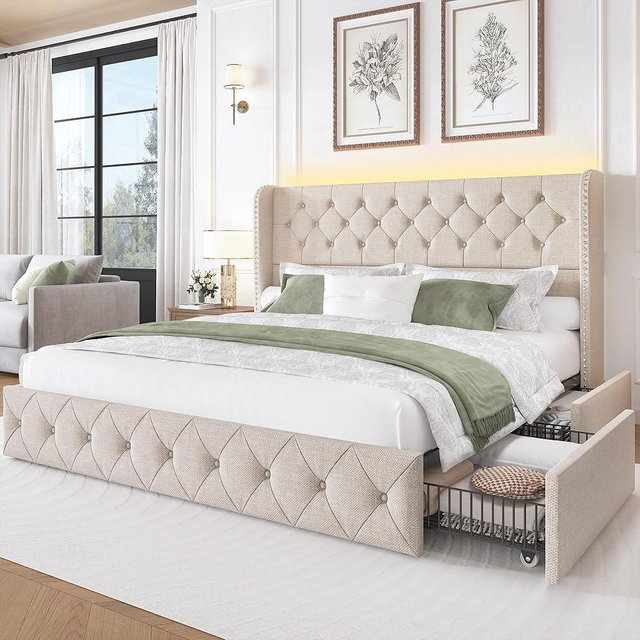 LARMACE King Size Bed Frame with Storage Drawers and Tufted Headboard Linen Upholstered Platform Bed Frame with LED Light Wingback Bed with Wooden Slats Support, Easy to Assemble, Beige