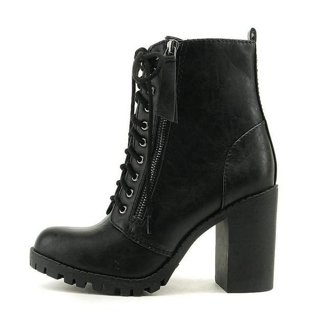 Soda Malia Round Toe Stacked Lug Heel Lace Up Ankle Booties
