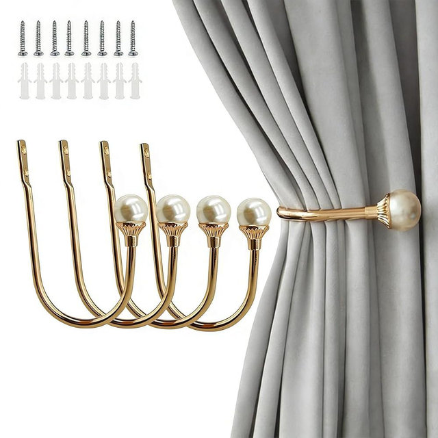 COCIVIVRE 4 Pack Curtain Holdbacks Wall Mounted Curtain Tiebacks Hooks Plastic Pearl U Shape Curtain Tiebacks with Screws Curtain Ties for Home Office-Golden