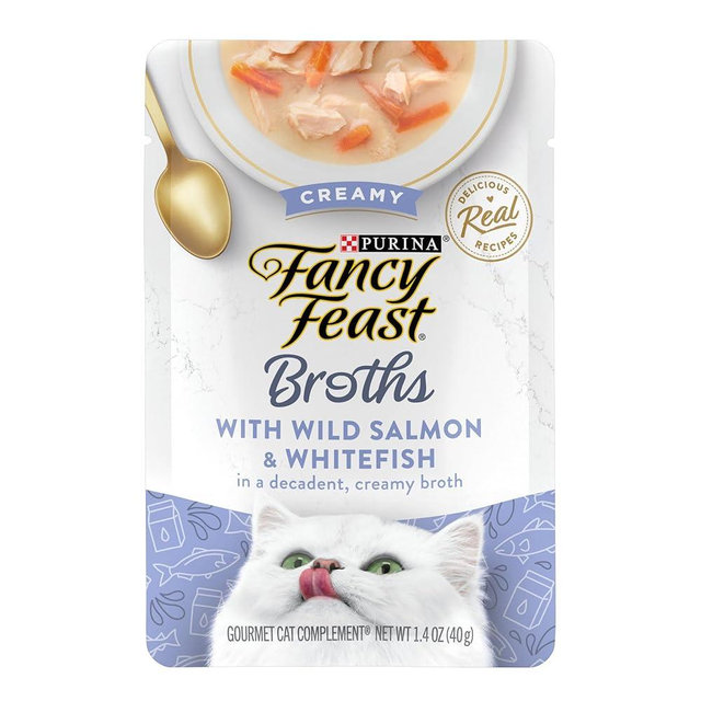 Purina Fancy Feast Creamy Broth With Wild Salmon and Whitefish, Gourmet Lickable Cat Food Topper, Pack of 16, 1.4 oz. Pouches