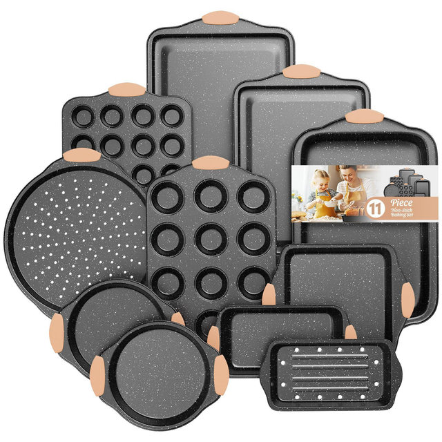 Angel Sar 11-Piece Nonstick Bakeware Set with Silicone Handles, Oven Baking Pans, Includes Cookie Sheets, Cake Pans, Muffin Pan, Pizza Pan, Loaf Pan