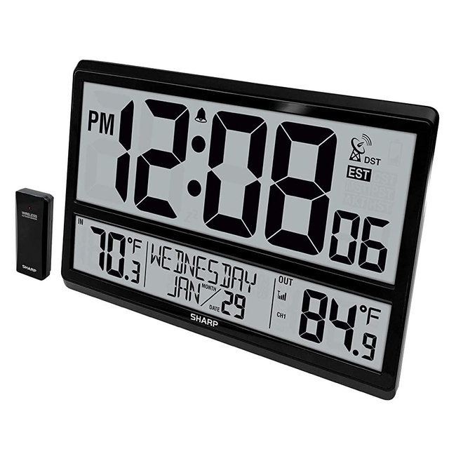 Sharp Atomic Clock - Never Needs Setting! –Easy to Read Numbers - Indoor/ Outdoor Temperature, Wireless Outdoor Sensor - Battery Powered - Easy Set-Up!! (4" Numbers)