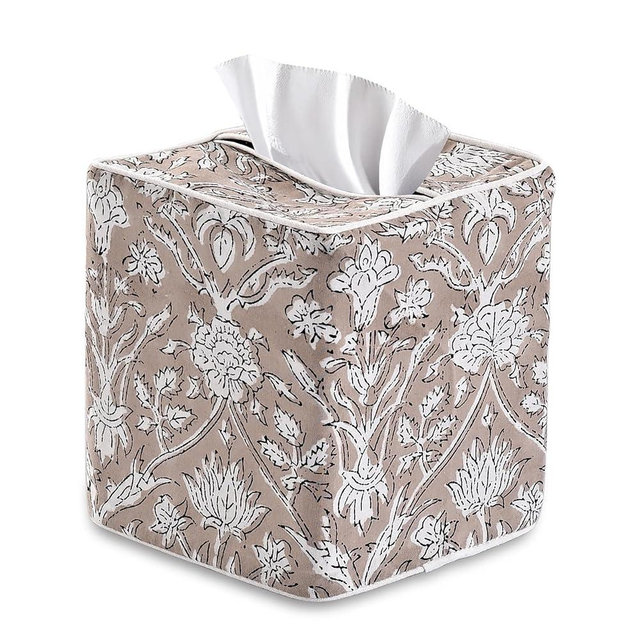 Ridhi Taupe Block Print Tissue Box Cover Handmade Cotton Fabric Decorative Square Napkin Holder for Home Bedroom Living Room Bathroom Vanity Countertop Car Night Stands Office Kitchen