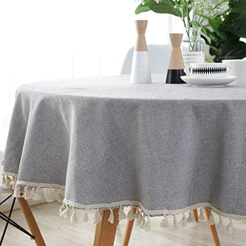 Lahome Solid Color Tassel Tablecloth - Cotton Linen Round Table Cover Kitchen Dining Room Restaurant Party Decoration (Gray, Round - 60")