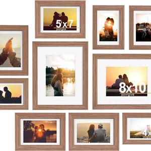Povrgive Picture Frames, Made of Real Glass and Wooden Frame, Gallery Photo Frames Set of 10 for Collage Wall Decor, Multi Sizes Including 8x10, 5x7, 4x6 for Mounting or Tabletop Display, Light Brown