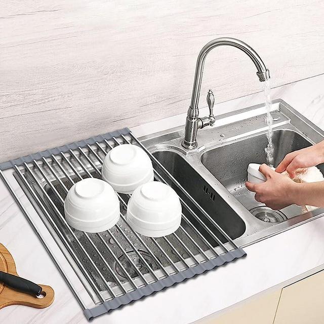 Sindax Expandable Dish Drying Rack Up to 23.7", Extra Large Roll Up Over The Sink Dish Drying Rack for Kitchen Sink, Thickened 304 Stainless Steel for Extra Strength, for Cups Fruits Vegetables