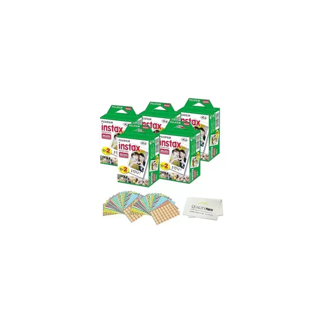 Fujifilm INSTAX Mini Instant Film 100 Sheets for Fujifilm Instax Mini 8 9 11 12 Cameras + Frame Stickers and Microfiber Cloth Accessories White