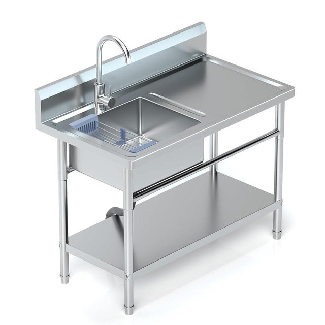 PurezmMoto Utility Sink Freestanding Single Bowl Laundry Sink with Hot and Cold Water Plumbing Workbench & Storage Stainless Steel Sink for Kitchen and Bathroom Farmhouse Style, 39Inch, Metallic Gray