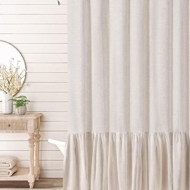 Extra Long Shower Curtain 96 Inch Length Farmhouse Cream Shower Curtain with A Ruffle Hem Linen Blend Shower Curtain for Bathroom Natural Beige