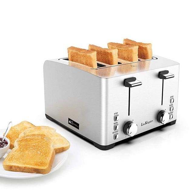 Toaster, Laukingdom Toasters 4 Slice Best Rated Prime, Top Rated Stainless Steel with Stop /Bagel /Defrost Function,Extra Wide Slots, 1500W Silver