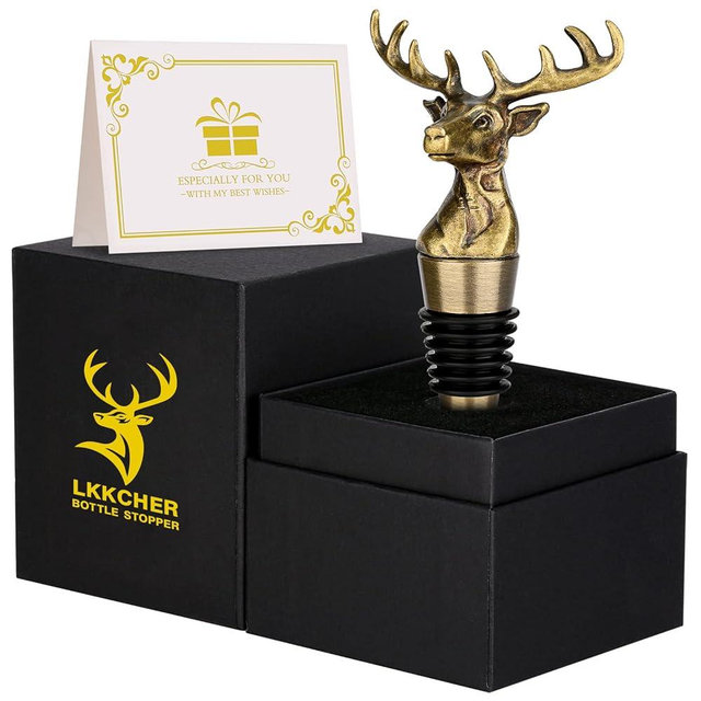 LKKCHER Deer Wine Bottle Stopper, Vintage Wine Gifts for Men Women, Father Gifts Birthday Gifts Christmas Gifts for Men Dad Women,Bronze Stag Gifts,Wine Saver, Wine Accessories