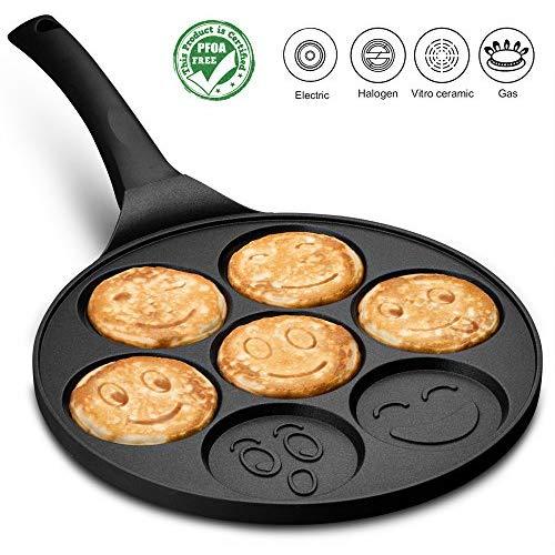 Gourmia GPA9540 Emoji Smiley Face Pancake Pan - Fun 7 Emoji Mini Pancake and Flapjack Maker - Die Cast Aluminum, Double Layer Nonstick Coating - Cool-to-Touch Handle