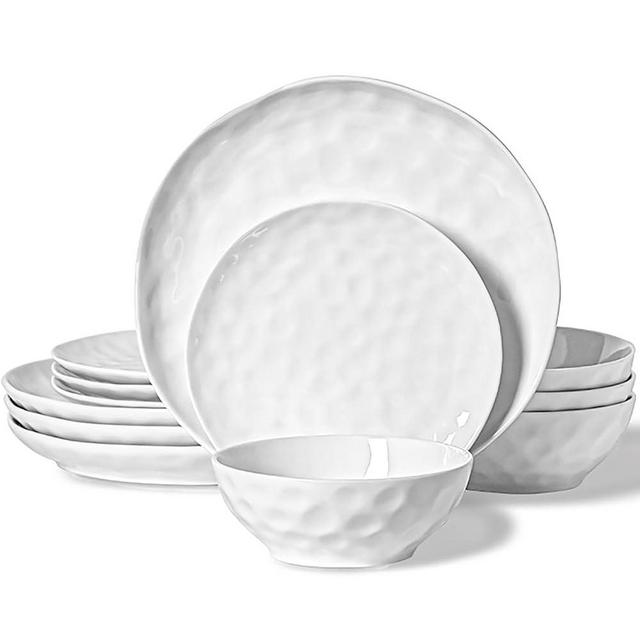 HOMBENE Plates and Bowls Sets, Dinnerware Set 12 Piece Service Porcelain Dinnerware for 4, for Dessert Salad and Pasta, White Dishes