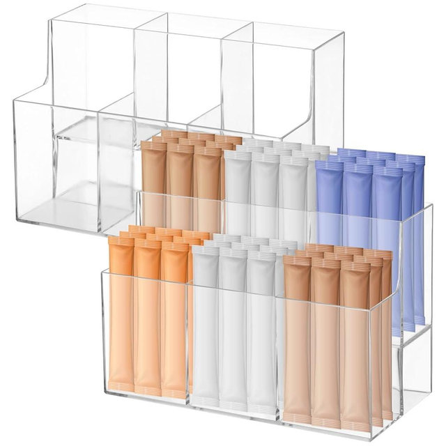 2PCS Acrylic Drink Packet Organizer, 6-Compartment 2-Tier Water Flavor Packet Holde, Double Layer Design, Clear Hydration Powder Packets Storage for Kitchen, Pantry, 7.9 x 5.1 x 3.5 Inch