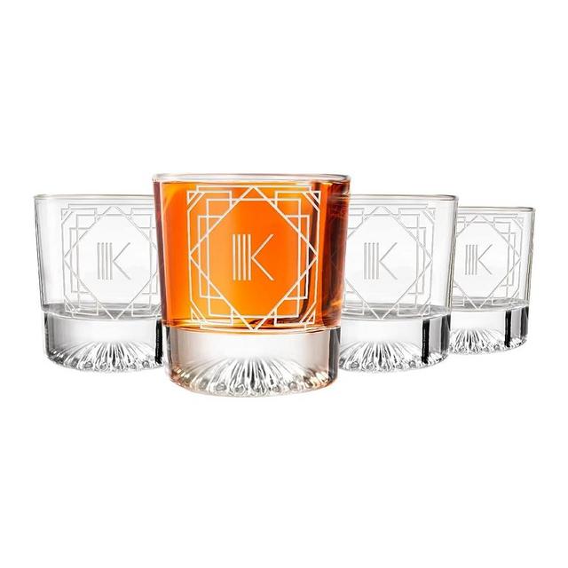 Greenline Goods - Monogram Art Deco Etched Letter K Whiskey Glass Perfect for Bourbon, Scotch, Liquor, Cocktail - Crystal Whiskey Glasses Set of 4 - Best Tasting Experience with Vintage Rocks Glasses