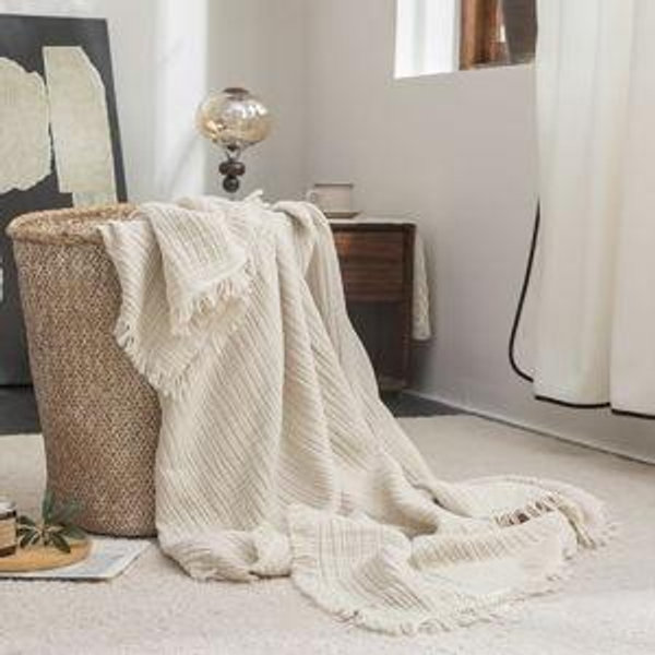 FOSSA Muslin Blanket with Fringe -4-Layer 100% Cotton Gauze Super Soft & Breathable Throw -Lightweight Decorative Cooling Blanket for Bed, Sofa, Office -Twin XL Size 66" × 90" (Beige)