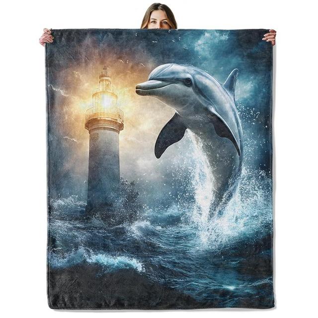 Dolphin Lighthouse Ocean Throw Blanket for Girls Boys Kids Adults, 50x60 in, Cozy Flannel Blanket for Bedroom, Camping, Couch, Room Decor, Fuzzy Warm Soft Gifts