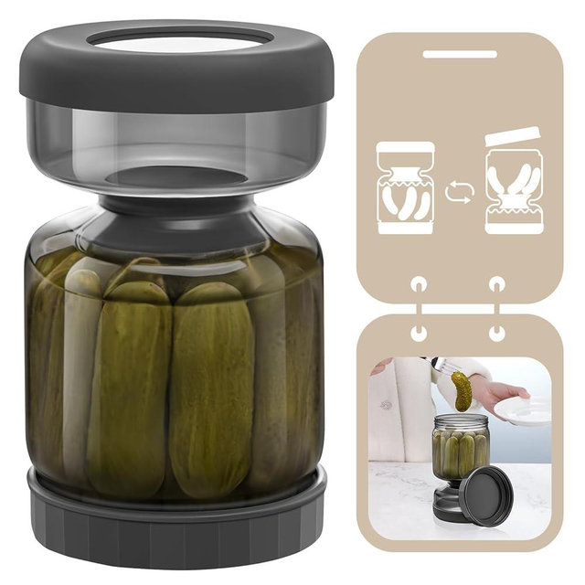 Luvan Pickle Jar with Strainer Flip, 34oz Pickle Container with Strainer, Upside Down Pickle Flip Jar,Glass Pickle Holder with Leakproof Airtight Lid, Hourglass Pickle Storage for Olive,Jalapeno-Grey