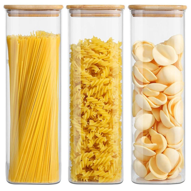 Glass Food Storage Jars with Lids(76oz)Square Set of 3 ,Glass Storage Containers Clear Glass Food Canister with Bamboo Lid Airtight For Serving Tea, Coffee Beans, Flour,Cookie, Cereal,Spice and More