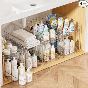 Vtopmart 4 Pack 2 Tier Bathroom Under Sink Organizers and Storage, Clear Kitchen Pantry Organization, Pull Out Medicine Cabinet Organizer with Movable Dividers