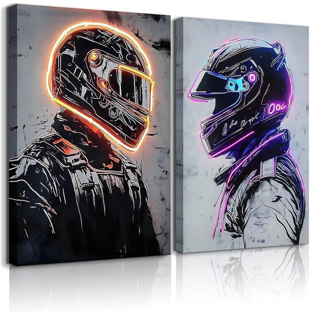 2 Pieces Neon Race Car Driver Canvas Wall Art Racing Helmet Wall Decor Boys Room Poster Prints Esports Room Paintings Pictures for Living Room Bedroom Ready to Hang (12x16in Canvas)