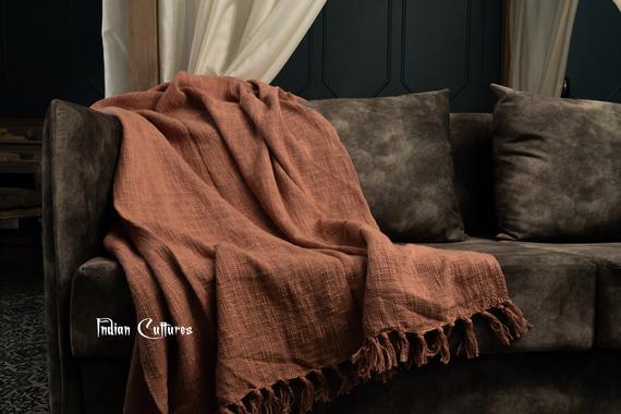 Solid Throws Blankets Rust Mudcloth Throw Authentic Hand Loom Blanket Boho Bed Throw Linen with Tassels Dorm Decor