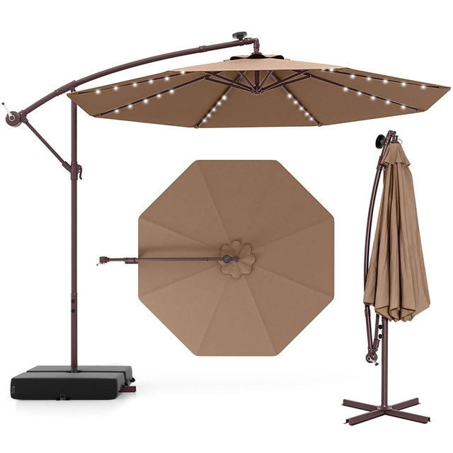Costway Patio 10FT Hanging Offset Umbrella 32 LED Lights Sand Bag Outdoor Cross Base