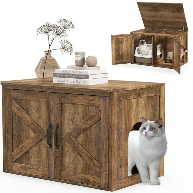 Giantex Cat Litter Box Enclosure - Flip Top Litter Box Hidden Furniture with Barn Door, Side Entrance, Inner Divider Path, Farmhouse Wooden Cat Washroom Pet House, Fit Most of Litter Box, Brown