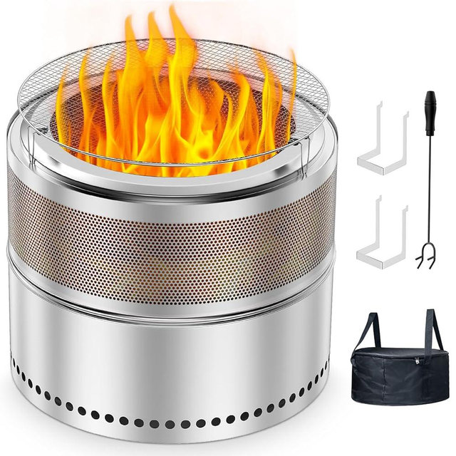 Smokeless Fire Pit 20 Inch with Grill, Portable Stainless Steel Smokeless Firepit for Camping & RV, Outdoor Wood Burning Bonfire Fireplace with Ash Pan and Carrying Bag, Double-Wall 360° Airflow