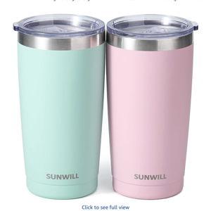 SUNWILL Travel Coffee Mug with Lid, 20 oz Tumbler Set of 2, Insulated Stainless Steel Cup for Water, Tea, Powder Coated Sakura & Mint
