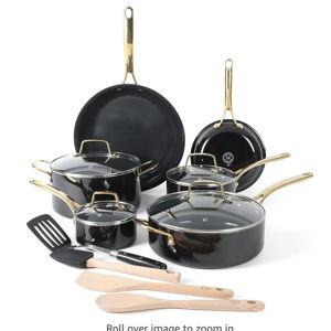 Martha Stewart Lockton 14 Piece Premium Non-Stick Heavy-Gauge Aluminum Cookware Combo Set (Pots, Pans, and Tools) - Black w/Gold Handles