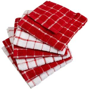 Excello Brio - DII Cotton Terry Windowpane Dish Cloths, 12 x 12" Set of 6, Machine Washable and Ultra Absorbent Kitchen Bar Towels-Red