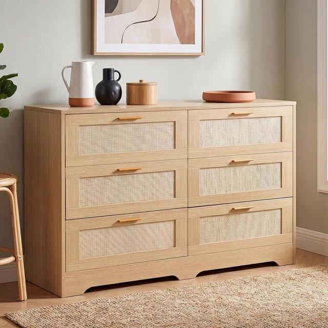 Roomark Dresser for Bedroom 6 Drawer Dresser Bedroom Furniture Storage for Bedroom Living Room Hallway, High Weight Capacity 300lbs, Imitation Rattan Weave with Gold Handles