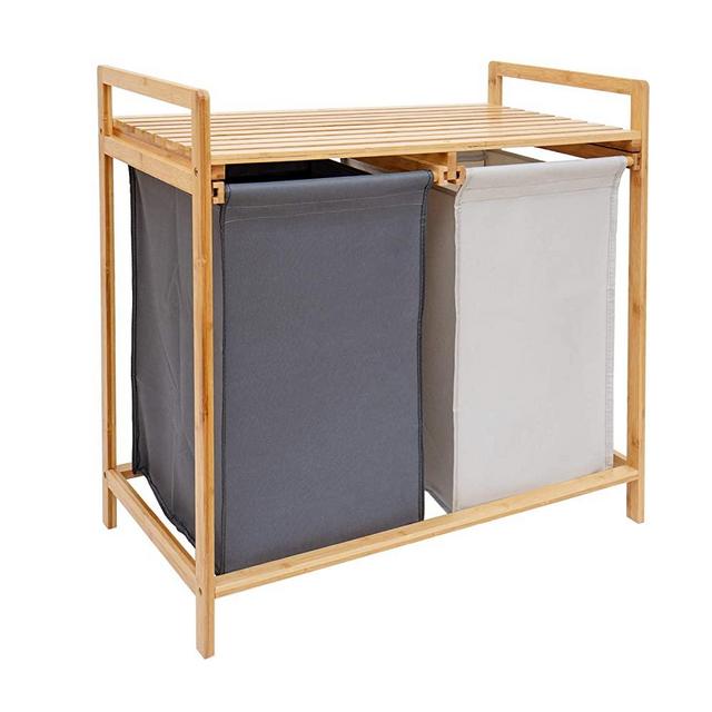 COMELLOW Bamboo Laundry Hamper and Shelf, 2 Sections Laundry Basket with Removable Liner, Dual Compartments Laundry Organizer and Storage, Wooden Laundry Sorter with Sliding Handles