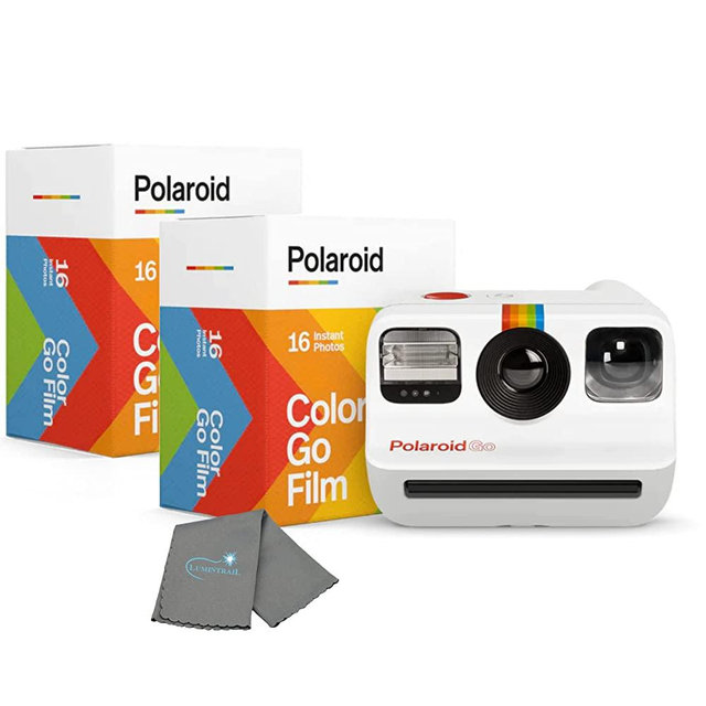 Polaroid Go Instant Mini Camera Starter Set, White Instant Camera with 32 Polaroid Go Color Instant Film Bundle, with a Lumintrail Lens Cleaning Cloth