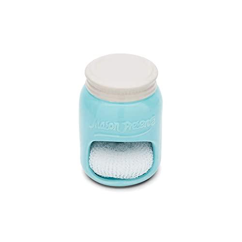 Fox Run Ceramic Mason Jar Holder with Sponge, 3.5 x 3.5 x 5 inches, Blue