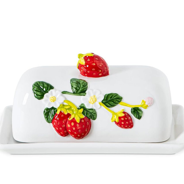 Strawberry Butter Dish With Lid For Countertop - Ceramic Butter Holder Cute Butter Keeper Butterdish With Decorative Lid For Table Setting, Farmhouse Kitchen Decor