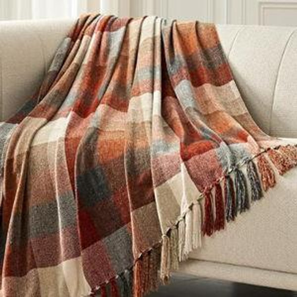 EverGrace Plaid Chenille Throw Blanket for Couch, Super Soft Cozy Decorative Fall Throw Blanket with Tassels for Bed Sofa Gift, Lightweight Harvest Plaid Throw Blanket for Autumn 50”x60”