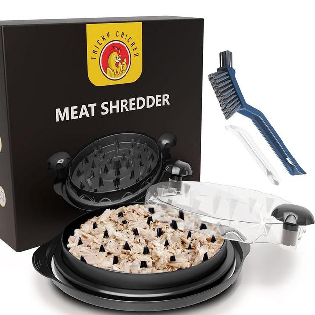 Chicken Shredder Tool Twist Large 10in BPA-Free Classic Black - Clear Top Meat Shredder Machine for Shredding of Chicken Breast, Pork, Beef - Non-Slip Design Chicken Grinder w/ Cleaning Brush & Tongs
