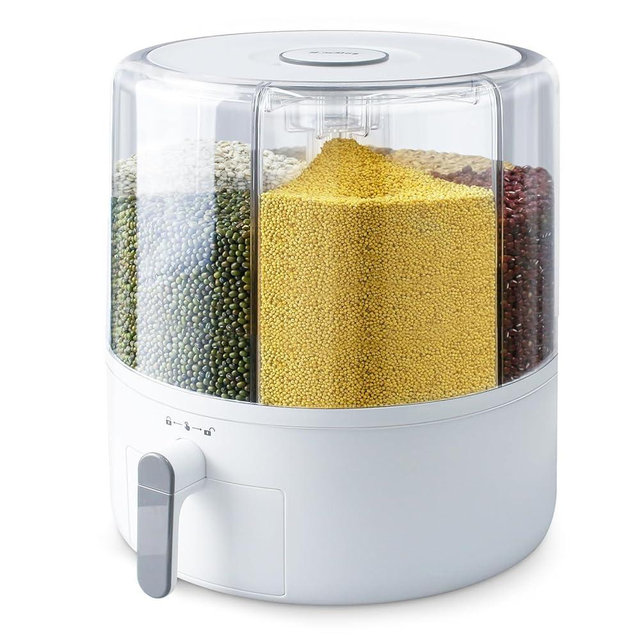 Slow Slog 16lb Grain and Rice Storage Container, Grain Dispenser, 360° Rotating Food Dispenser, Airtight Storage, Rice Dispenser, Upgrade 6 Compartment Rotating Rice Dispenser Storage Container