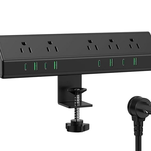 45W Fast Charging Station,Desk Clamp Power Strip,4 PD USB-C Ports,5 AC Outlets,ETL Listed Surge Protector Power Strip, 14AWG Heavy Duty Cord, Fits 1.9" Tabletop Edge (Black, 6 FT Cable)