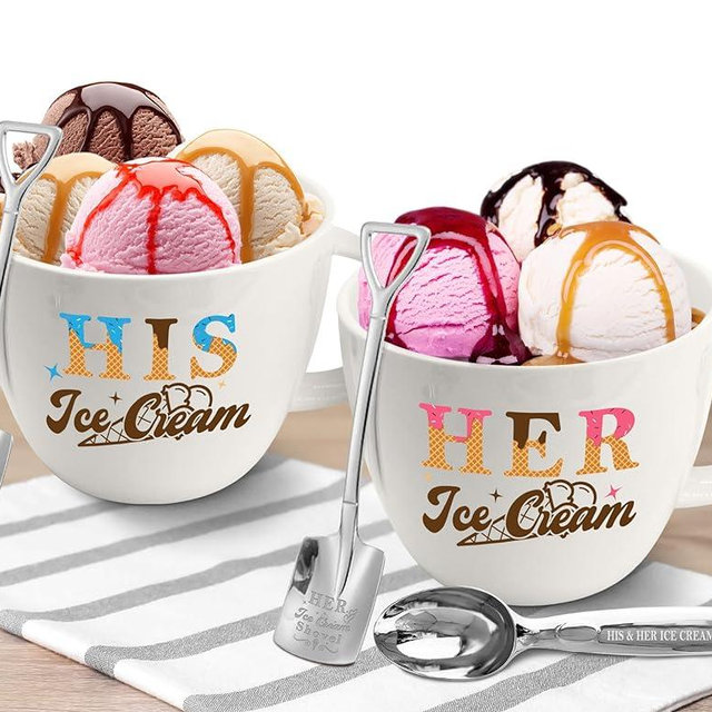 His and Hers Gifts, Anniversary Couples Gifts Set Ice Cream Bowl with Scoop&Shovel Spoon, His Her Ice Cream Cereal Bowl Gift, Ideal Christmas Valentine's Day Couples Gift