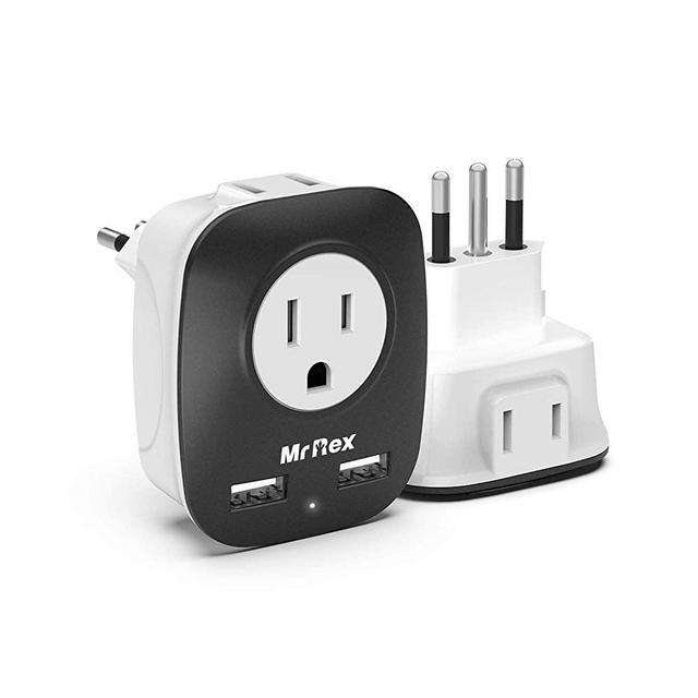 Mr Rex US To Italy Travel Adapter 3 Prong Grounded With 2 AC Outlets And 2 USB Ports For Italy Chile Cuba Libya Maldives Syria & Uruguay, Type L Plug Power Adapter For Smartphone Laptop Camera, 2 Pack