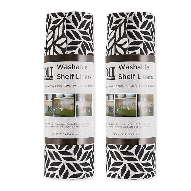DII Fridge & Shelf Liner Collection Non-Adhesive, Cut to fit, Machine Washable, 12x20, Black Abstract Leaf, 2 Piece