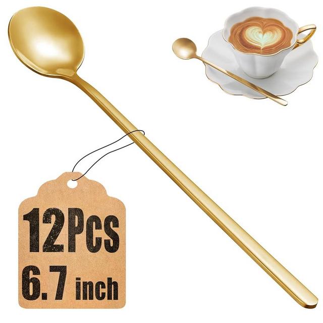 12 Pcs Coffee Spoons Set, 6.7 Inches Gold Tea Spoons Long Handle, Stirring Spoons, Gold Small Teaspoons, Food Grade Stainless Steel Gold Spoons, Long Spoons for Stirring, Gold Metal Espresso Spoons