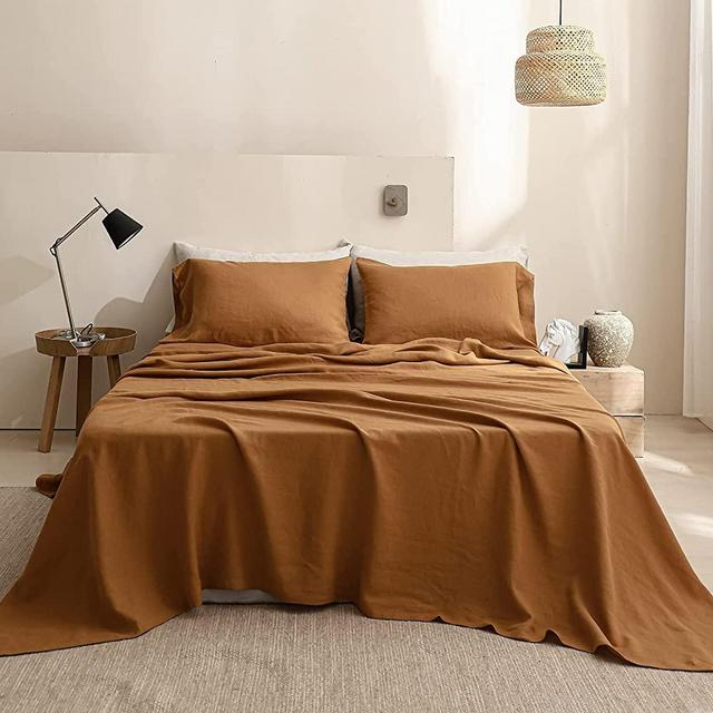 Simple&Opulence 100% Linen Sheet Set Solid Color-4 Pcs Washed French Linen Bed Sheets(1 Flat Sheet,1 Fitted Sheet,2 Pillowcases)-Breathable Bedding Set (Rust, King)