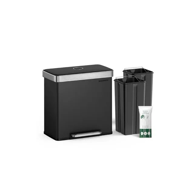 SONGMICS Kitchen Trash Can, 16 Gallon Dual Compartment Garbage Can, 60L Pedal Recycling Bin, 15 Trash Bags Included, Black