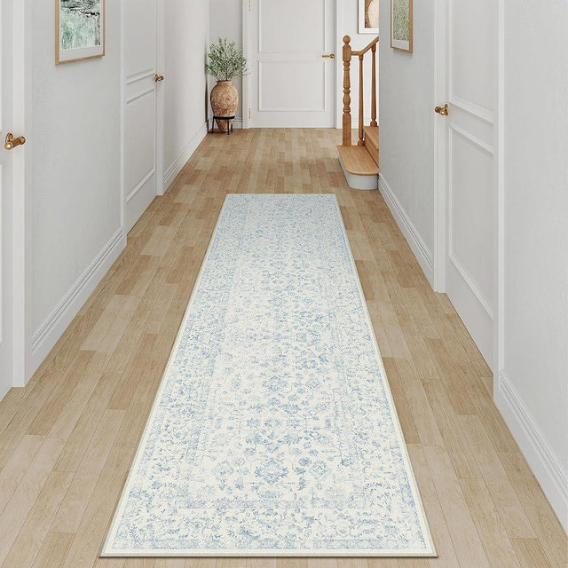 PureCozy 2x8 Blue Runner Rug Hallway Non Slip Kitchen Vintage Distressed Long Carpet Indoor Machine Washable Retro Floral Bedroom Accent Throw Rug for Office Laundry Bathroom Dining Living Room
