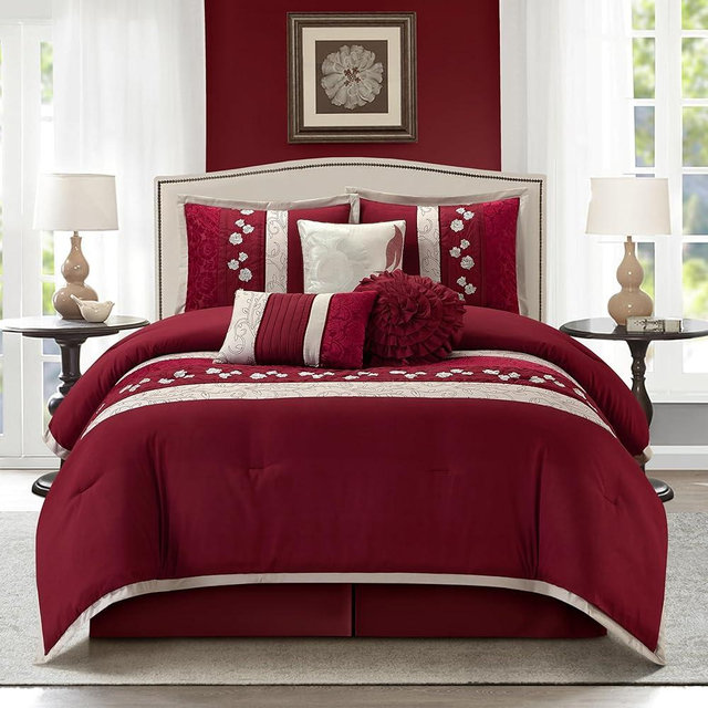 Stratford Park Floral 7-Piece Comforter Set, Wine, King Size Classical Bedding Set